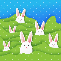 Obraz premium Origami Greeting card with Happy Easter - with white Easter rabbit. Spring Funny Bunny with rainbow. Easter Bunny. Easter Egg