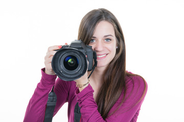 Attractive brunette girl camera composing woman photograph in studio