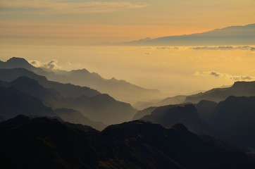 Fototapeta na wymiar Silhouettes of mountains at sunset, Canary islands