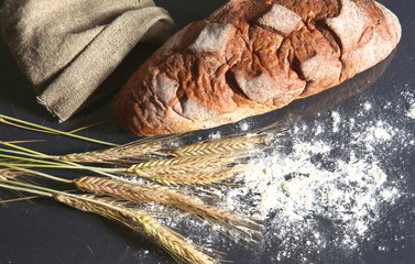 rustic crusty bread and wheat ears on a dark wooden table