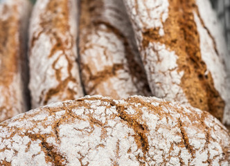 Close up image of wholegrain bread loaves.