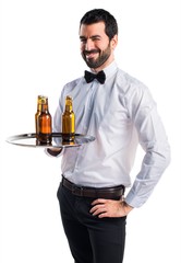 Waiter with beer bottles on the tray winking