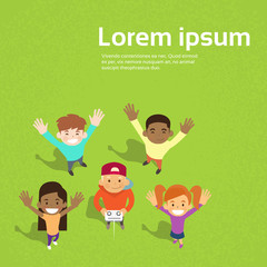 Small School Children Group Drone Video Camera Image Waving Hands