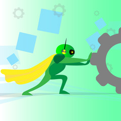 Modern Robot In Digital Glasses Pushing Cogwheel