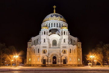 Fototapeta na wymiar The Naval cathedral of Saint Nicholas in night winer scene, Kronstadt, Russia. HDR.