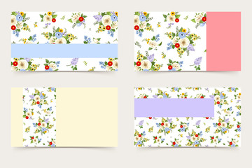 Set of four vector business cards with colorful flowers pattern.