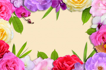 Beautiful flower blossom and leaf frame old soft paper background