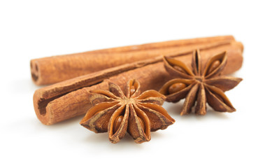 cinnamon sticks and anise star on white