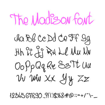 Handwritten calligraphy font letters, numbers, alphabet