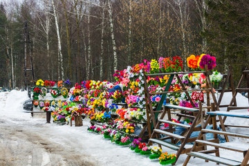 Sale of artificial flowers and wreaths at the city cemetery offi