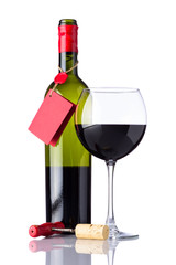 Bottle and Glass Red Wine on White Background