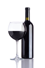 Wineglass and Bottle Wine on White Background
