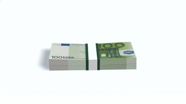 100 Euro bills pack with bank wrapper isolated on white