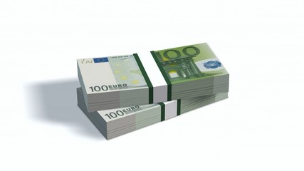 100 Euro bills packs with bank wrapper isolated on white