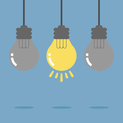 Naklejka premium Hanging light bulb idea. Bright idea like light on. Flat design for business financial marketing banking advertising commercial event minimal concept cartoon illustration.
