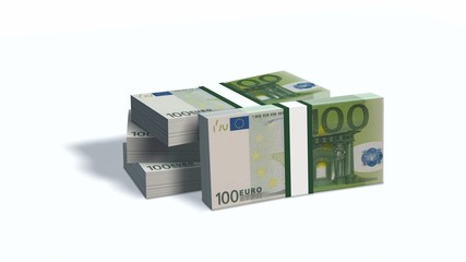 100 Euro bills packs with bank wrapper isolated on white