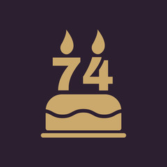 The birthday cake with candles in the form of number 74 icon. Birthday symbol. Flat
