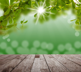 Wood table top on green leaf with light bokeh and over light the