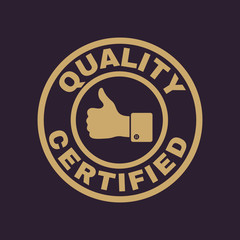 The certified quality and thumbs up icon.  Approval, approbation, certification, accepted symbol. Flat