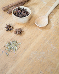 Herb and spicy ingredient for prepare food on wooden table