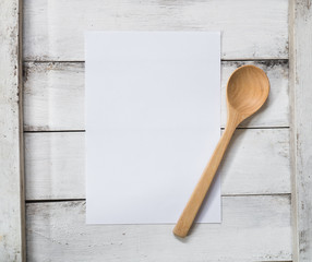 Blank white menu paper template  background and wooden spoon on