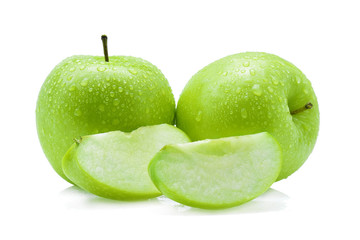 drop of water green apple on white background