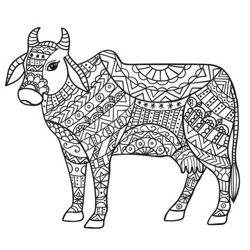 Cow Black and white doodle print with ethnic patterns. 