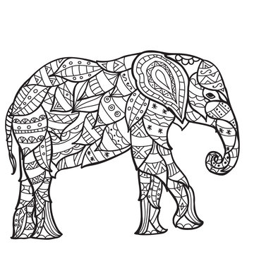 elephant Black and white doodle print with ethnic patterns.