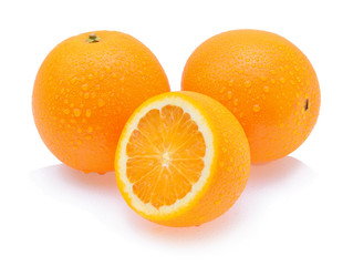 Orange fruit with drops isolated on white background
