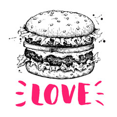 Vector vintage burger label. Hand drawn monochrome fast food ill