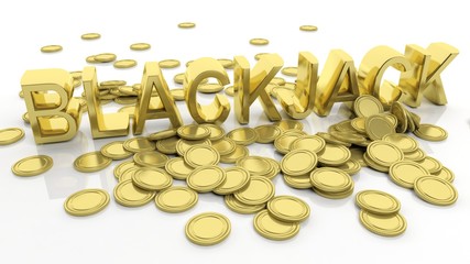 Pile of golden coins and word Blackjack, isolated on white background.