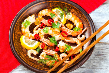 shrimp tails stir fried, close-up