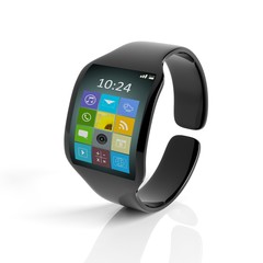 Smartwatch with apps on screen, isolated on white background.