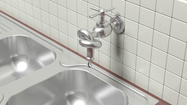 3D Leaky Water Tap Tied Knot On Wall With Tiles And Sink