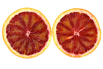 Two blood orange slices isolated on white background