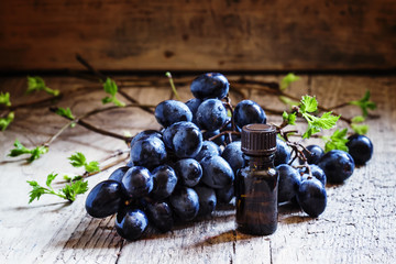 Grape seed oil in brown bottle, bunch of grapes, vine at the old