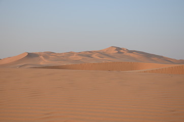 Fototapeta na wymiar Sand ripples in foreground and sand dunes in background Oman
