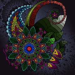 Hand drawn Mandala, circular colored pattern for decoration, colored mandala decor, mandala flowers and leafs. Boho mandala flowers