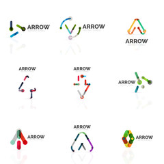 Set of linear arrow abstract logos, connected multicolored segments lines in directional pointer figures