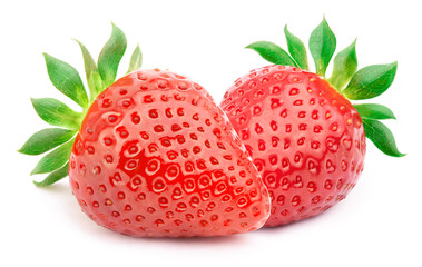 Two perfectly cleaned strawberries with leaves isolated on the white background with clipping path