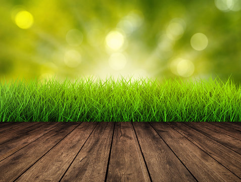 wooden floor with greenery background