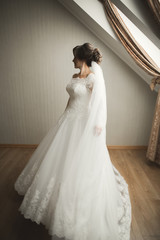 Fototapeta premium Luxury bride in white dress posing while preparing for the wedding ceremony