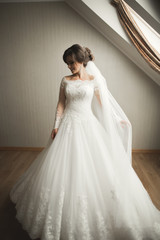 Fototapeta premium Luxury bride in white dress posing while preparing for the wedding ceremony