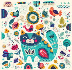 Obrazy na Szkle  Kolorowa ilustracja wektorowa z pięknym kotem, motylami, ptakami i kwiatami