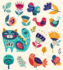 Naklejki  Vector collection with flowers, decorative cat, butterfly and birds