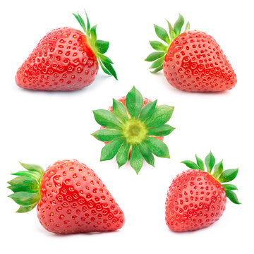 Set of five perfectly cleaned strawberries with leaves isolated on the white background with clipping path.