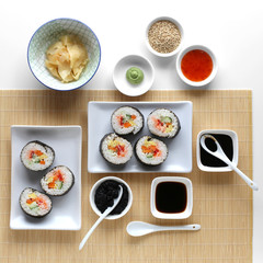Sushi rolls, soy sauce, ginger and wasabi