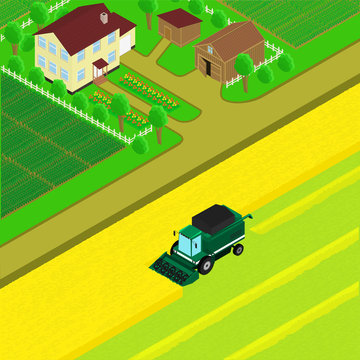 vector illustration. The yard of the farm, village road, combine harvest, the fields. Isometric