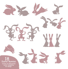 Set of cute Easter bunnies. Vector templates silhouettes of different rabbits in motion.