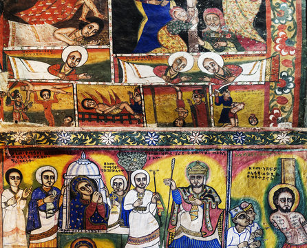 ancient orthodox church interior painted walls in gondar ethiopi